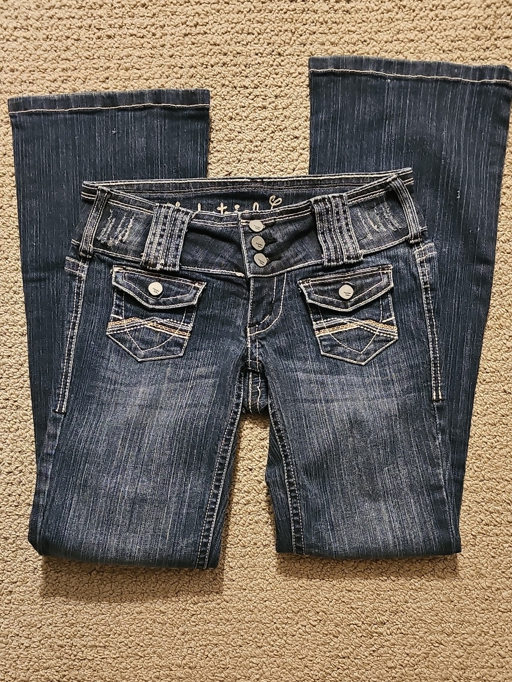 Women's Dark Blue Bootcut Jeans with Flap Pocket Detail
